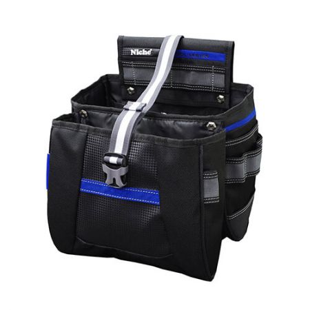 Wholesale Large Opened Double Layers Tool Bag with Magnet Plate, Multiple Carry Ways - Wide Mouth Two Layers Construction Tools Storage Waist Bag with a Leg Strap, Two Polyester side Slots Knife Holder, side elastic Tool Loops, Metal clip Measure Tape holder and D rings Attachment
